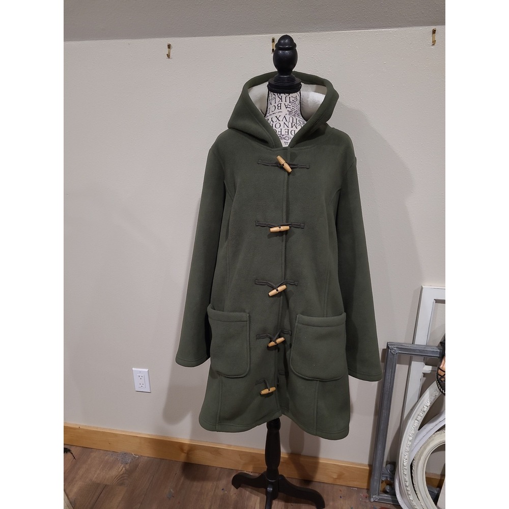 D & co. Women SZ 1X Olive Green Fleece Hooded Toggle Duffle Coat outdoors cabin